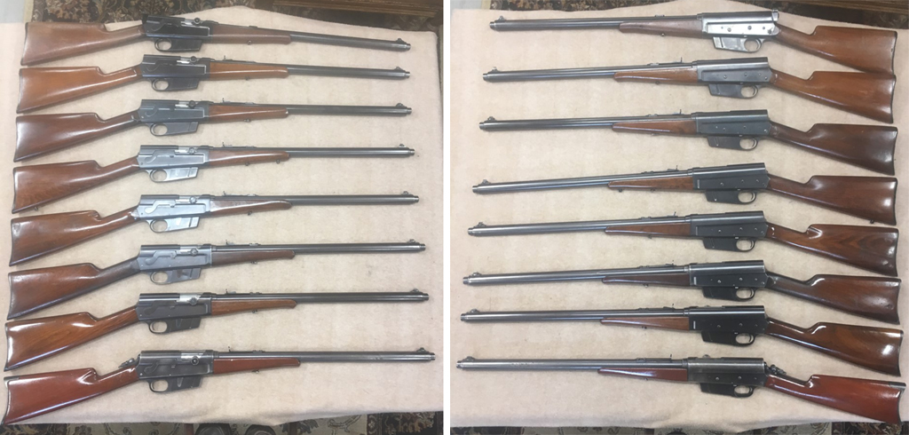 The rifles in this set are early year productions. Some early year features on the rifles were discontinued and were no longer available. This set has what I believe to be a first day production with serial number 59 and it has the scripted “35 Rem” on the barrel shroud. There is a safety with the “tear drop” feature which is rare. There is an example of scripted calibers for the 35 Rem and 30-30 Rem. There is a rifle for each caliber; 25-35, 30-30, 25, 30, 32 and 35.