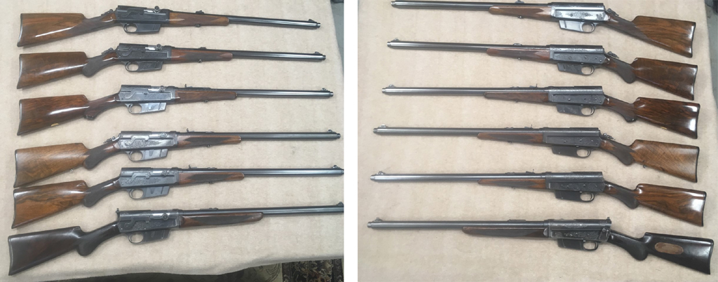 The rifles in this set are model 8 engraved rifles. There are examples of the Grade D, Grade E, and Grade F in calibers 25-35, 35, 300 Savage. There is a customized Grade D with brass name-plate inlay in the stock.