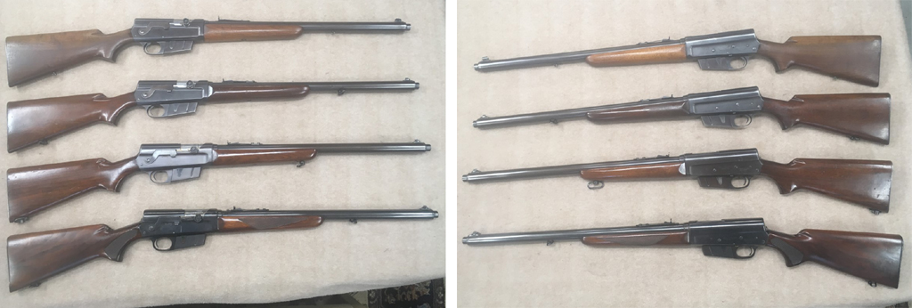 The rifles in this set are early Model 81. The forearms are called “Beaver Tails” and were discontinued on later models. One of the rifles is a first day production with serial number 25. This rifle is rare in that it is a 25 caliber. The other calibers in this group are 30, 32 and 35.