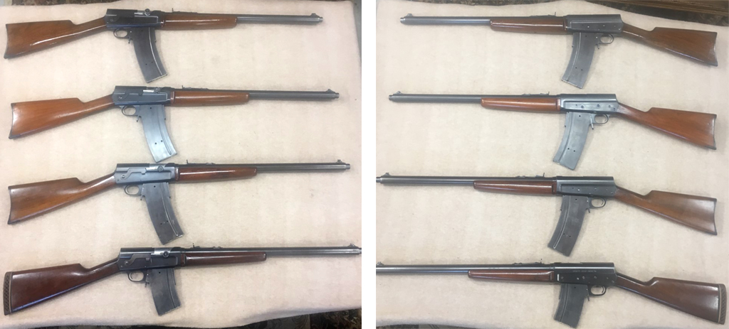 The four rifles in this set are Model 8 Police Models. Only one of the rifles has the law enforcement agency inscribed on the left side of the receiver. Note that this rifle also has a very rare 10-shot magazine. The calibers on these rifles are 30 and 35.